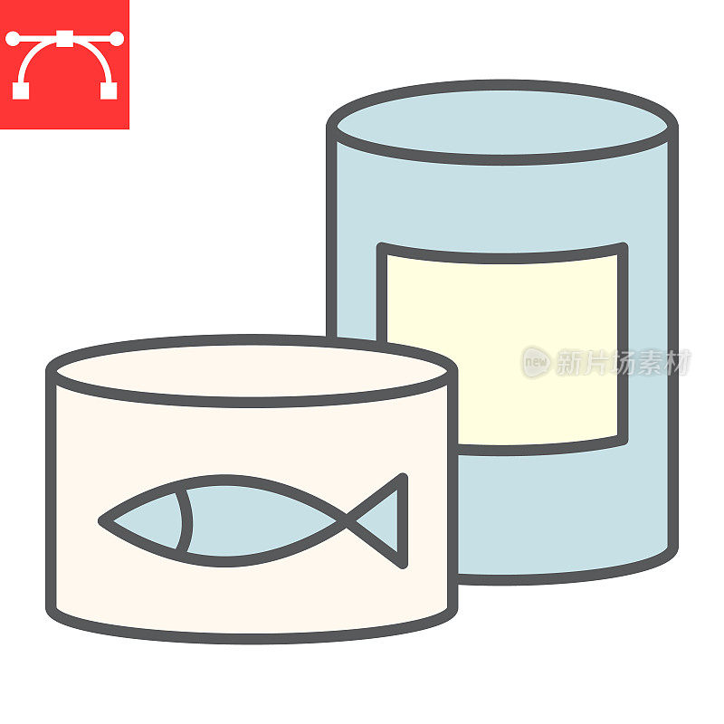 罐头食品颜色线图标，锡罐和容器，罐头鱼标志矢量图形，可编辑的笔画填充轮廓图标，eps 10。